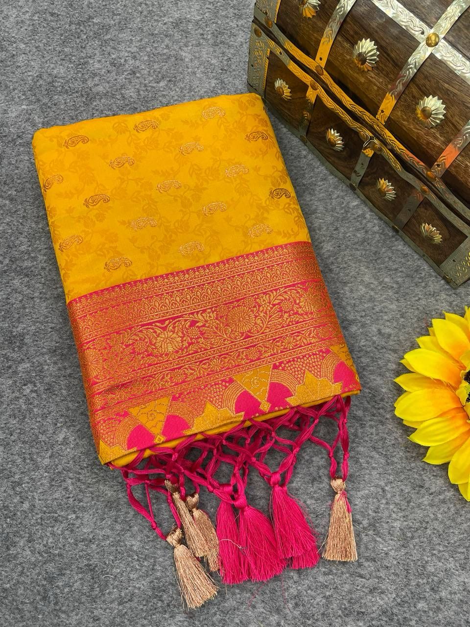 Mellifluous Yellow Soft Banarasi Silk Saree With Denouement Blouse Piece