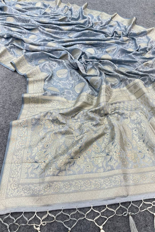 Load image into Gallery viewer, Proficient Grey Soft Banarasi Silk Saree With Whimsical Blouse Piece
