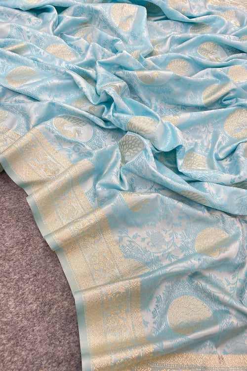 Load image into Gallery viewer, Lassitude Sky Soft Banarasi Silk Saree With Jubilant Blouse Piece
