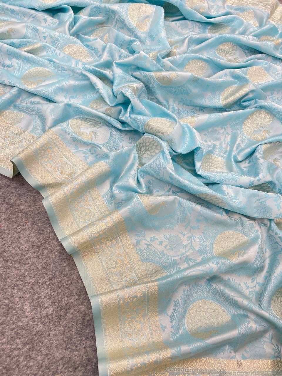 Lassitude Sky Soft Banarasi Silk Saree With Jubilant Blouse Piece