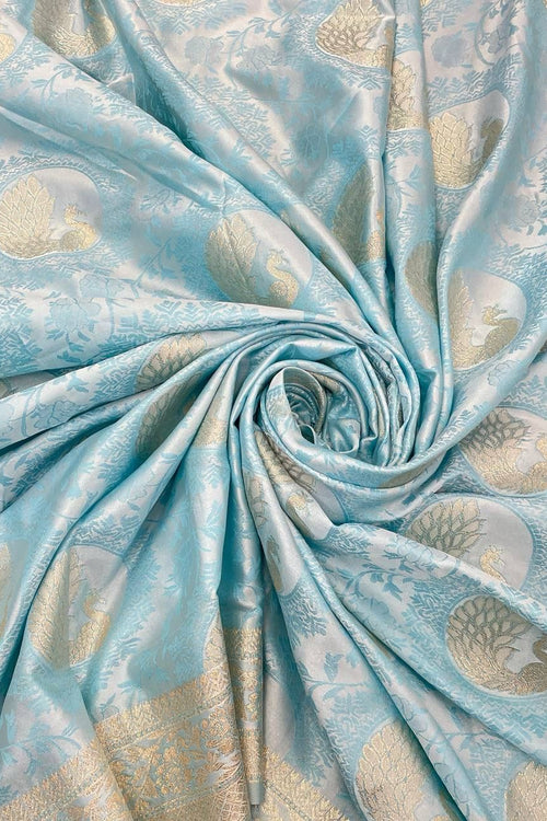 Load image into Gallery viewer, Lassitude Sky Soft Banarasi Silk Saree With Jubilant Blouse Piece
