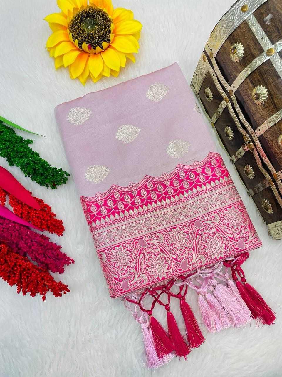 Tempting Baby Pink Soft Banarasi Silk Saree With Charismatic Blouse Piece