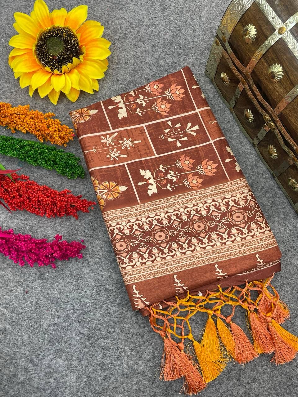 Gossamer Brown Digital Printed Dola Silk Saree With Dalliance Blouse Piece