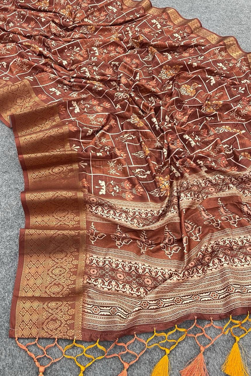 Load image into Gallery viewer, Gossamer Brown Digital Printed Dola Silk Saree With Dalliance Blouse Piece
