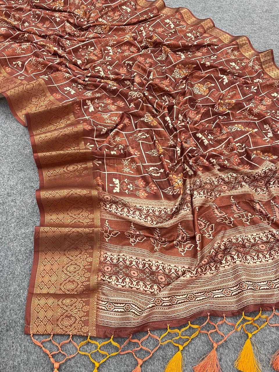 Gossamer Brown Digital Printed Dola Silk Saree With Dalliance Blouse Piece