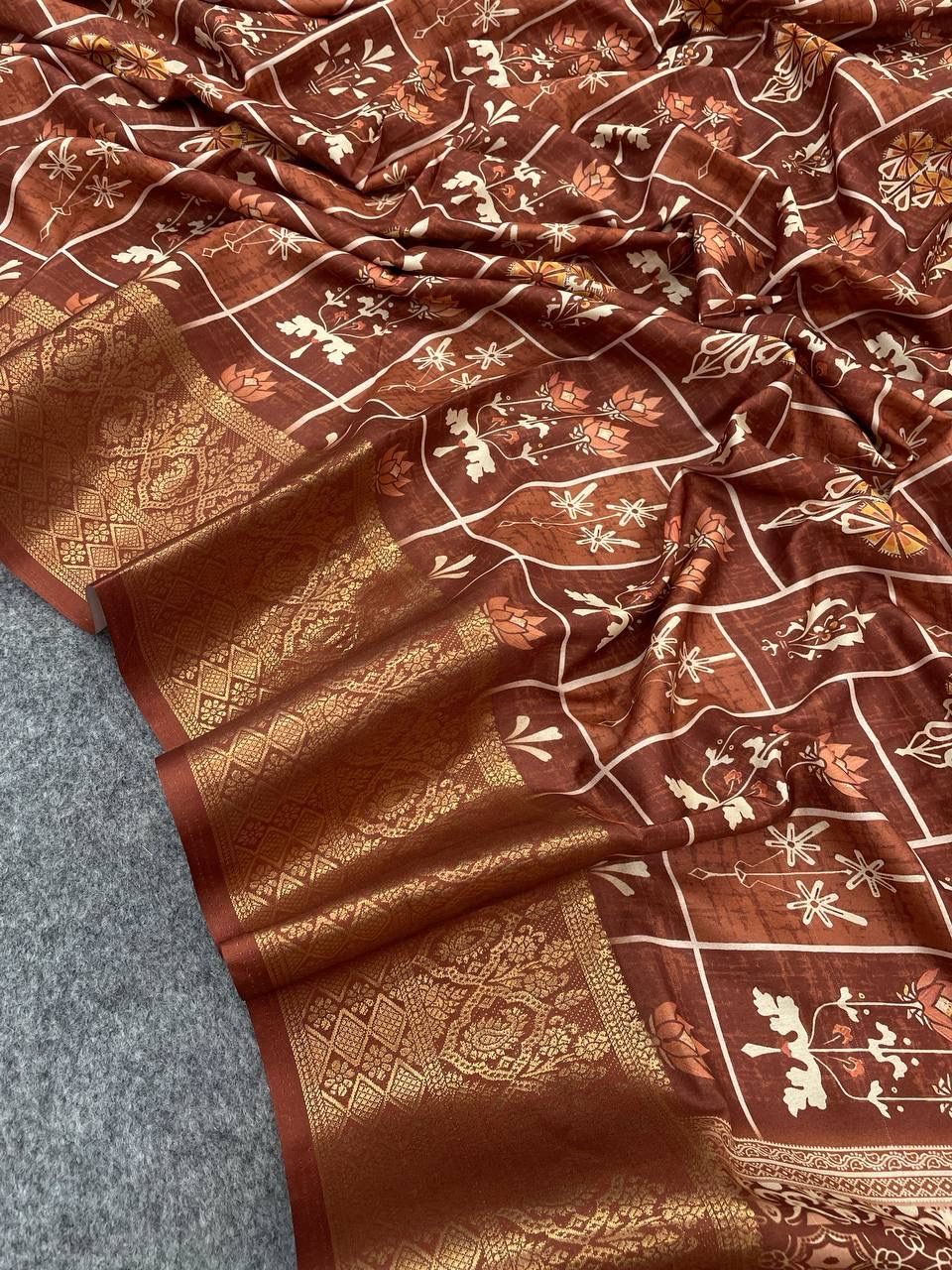 Gossamer Brown Digital Printed Dola Silk Saree With Dalliance Blouse Piece