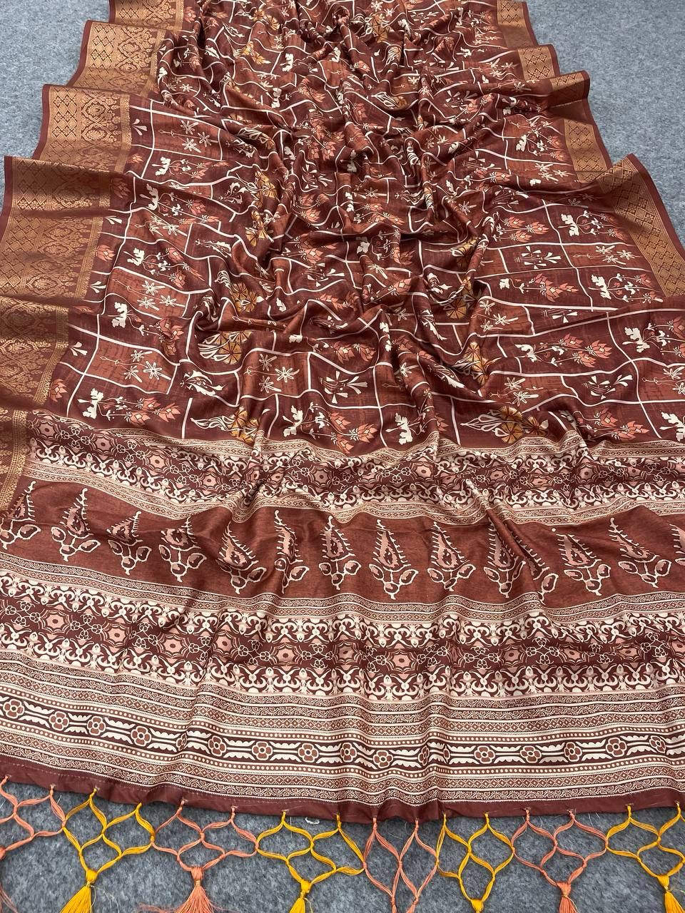 Gossamer Brown Digital Printed Dola Silk Saree With Dalliance Blouse Piece