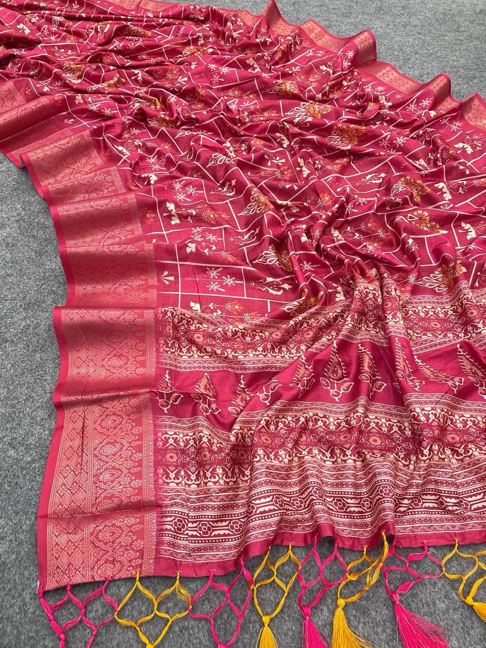 Entrancing Dark Pink Digital Printed Dola Silk Saree With Allure Blouse Piece