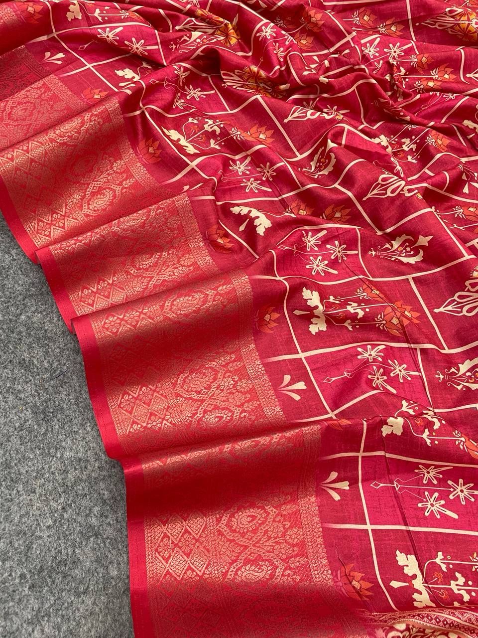 Entrancing Dark Pink Digital Printed Dola Silk Saree With Allure Blouse Piece