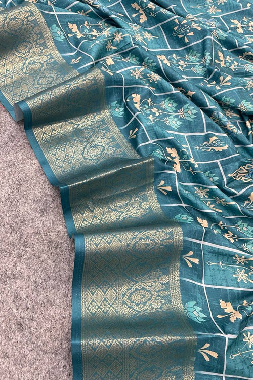 Load image into Gallery viewer, Tremendous Firozi Digital Printed Dola Silk Saree With Inimitable Blouse Piece
