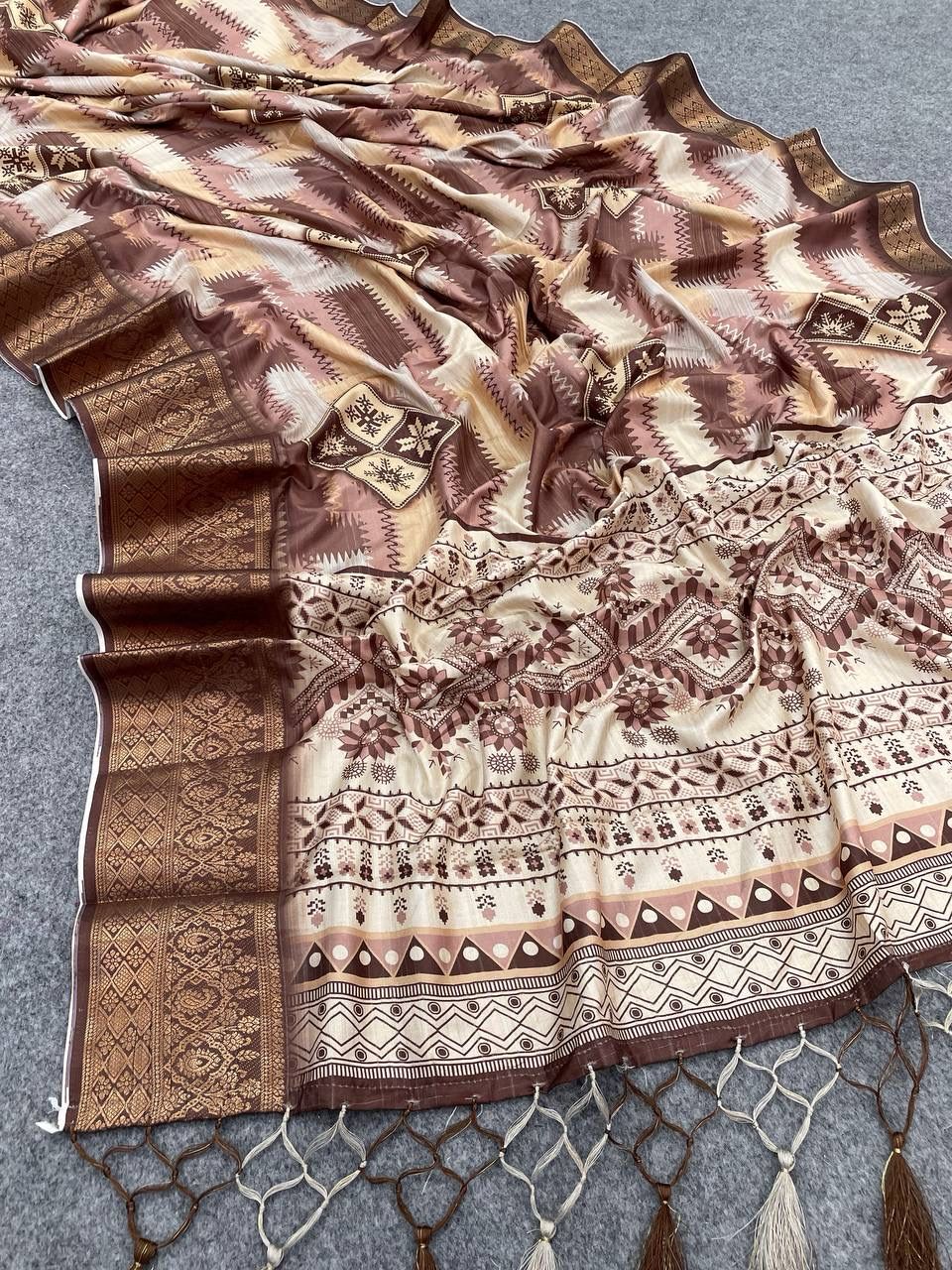 Snappy Copper Digital Printed Dola Silk Saree With Winsome Blouse Piece