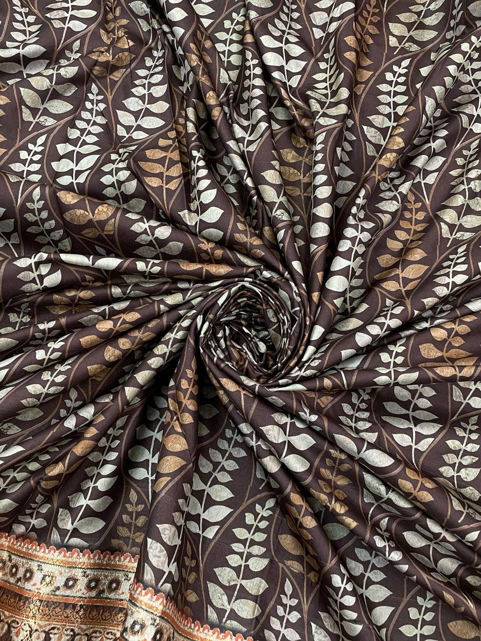 Splendiferous Brown Digital Printed Dola Silk Saree With Radiant Blouse Piece