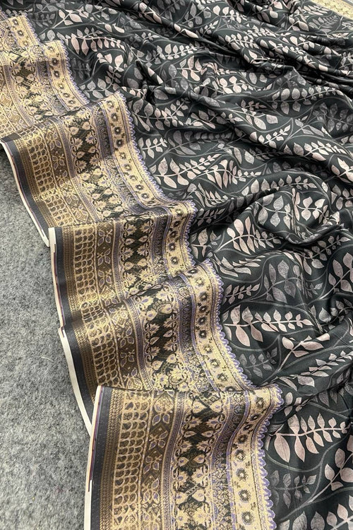 Load image into Gallery viewer, Ebullience Grey Digital Printed Dola Silk Saree With Lustrous Blouse Piece
