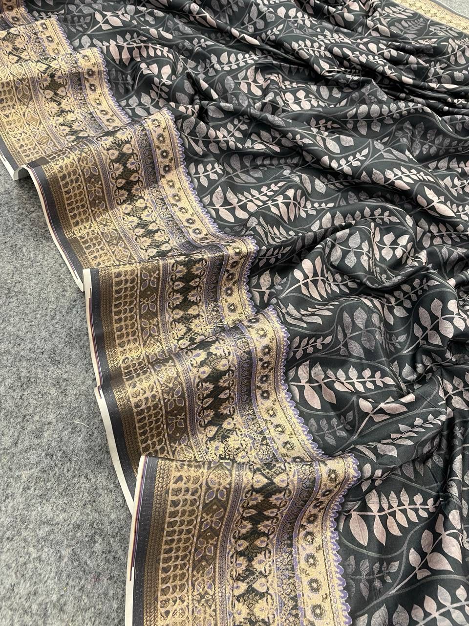 Ebullience Grey Digital Printed Dola Silk Saree With Lustrous Blouse Piece