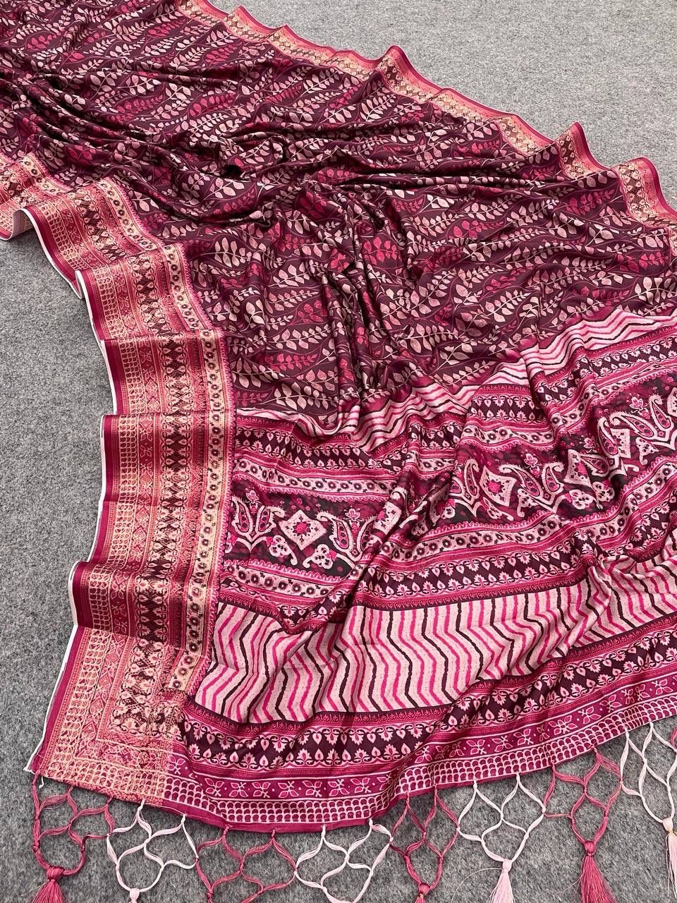 Beauteous Purple Digital Printed Dola Silk Saree With Scintillating Blouse Piece