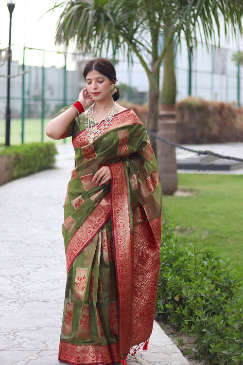 Load image into Gallery viewer, Gleaming Green Orgenza Silk Saree with Classy Blouse Piece
