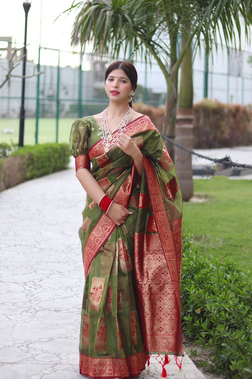 Load image into Gallery viewer, Gleaming Green Orgenza Silk Saree with Classy Blouse Piece
