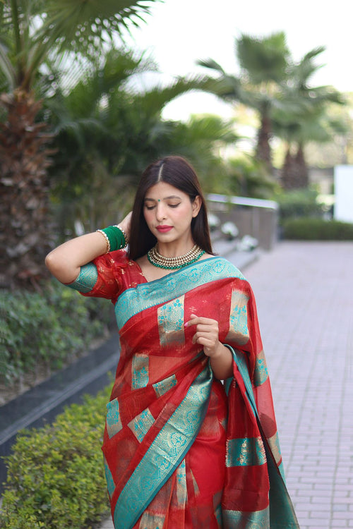 Load image into Gallery viewer, Adorning Red Orgenza Silk Saree with Classy Blouse Piece
