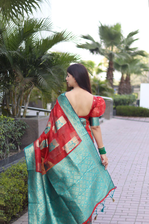 Load image into Gallery viewer, Adorning Red Orgenza Silk Saree with Classy Blouse Piece
