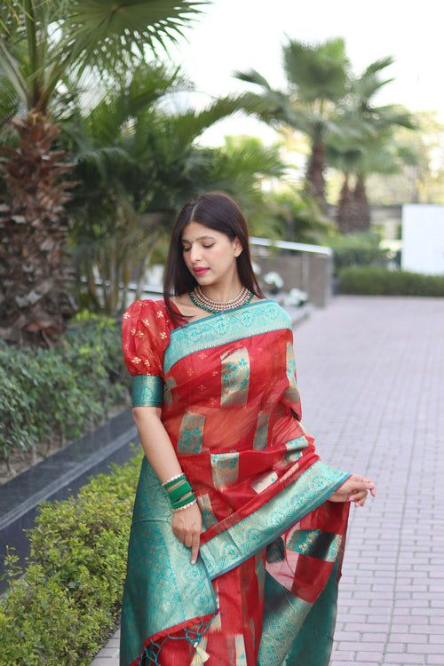 Load image into Gallery viewer, Adorning Red Orgenza Silk Saree with Classy Blouse Piece
