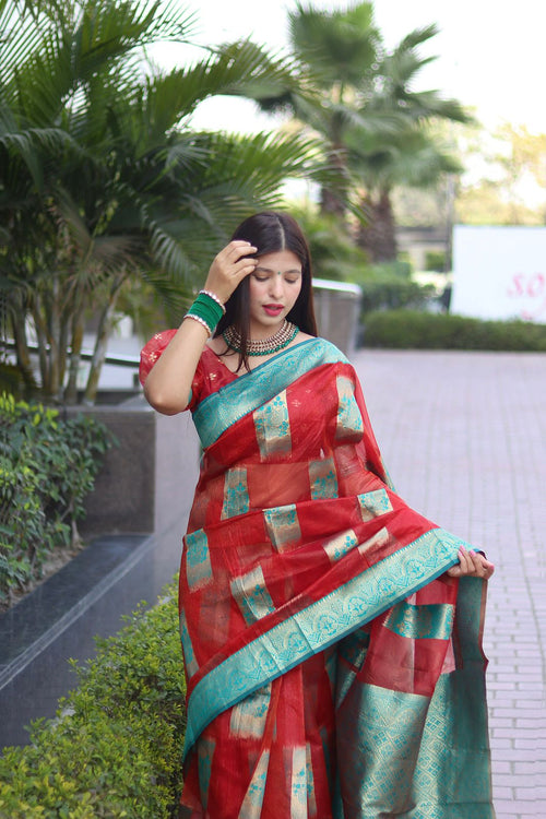 Load image into Gallery viewer, Adorning Red Orgenza Silk Saree with Classy Blouse Piece
