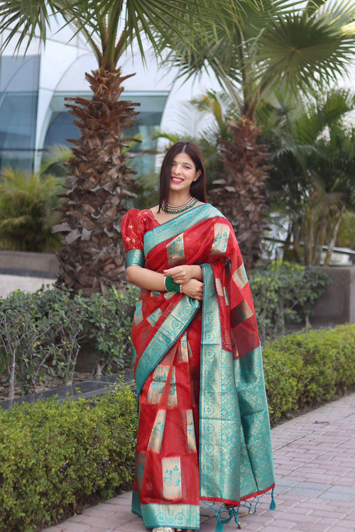 Load image into Gallery viewer, Adorning Red Orgenza Silk Saree with Classy Blouse Piece
