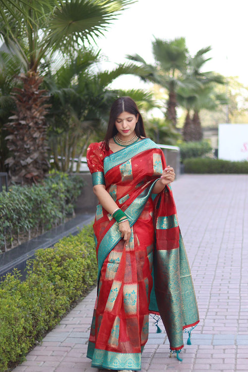 Load image into Gallery viewer, Adorning Red Orgenza Silk Saree with Classy Blouse Piece
