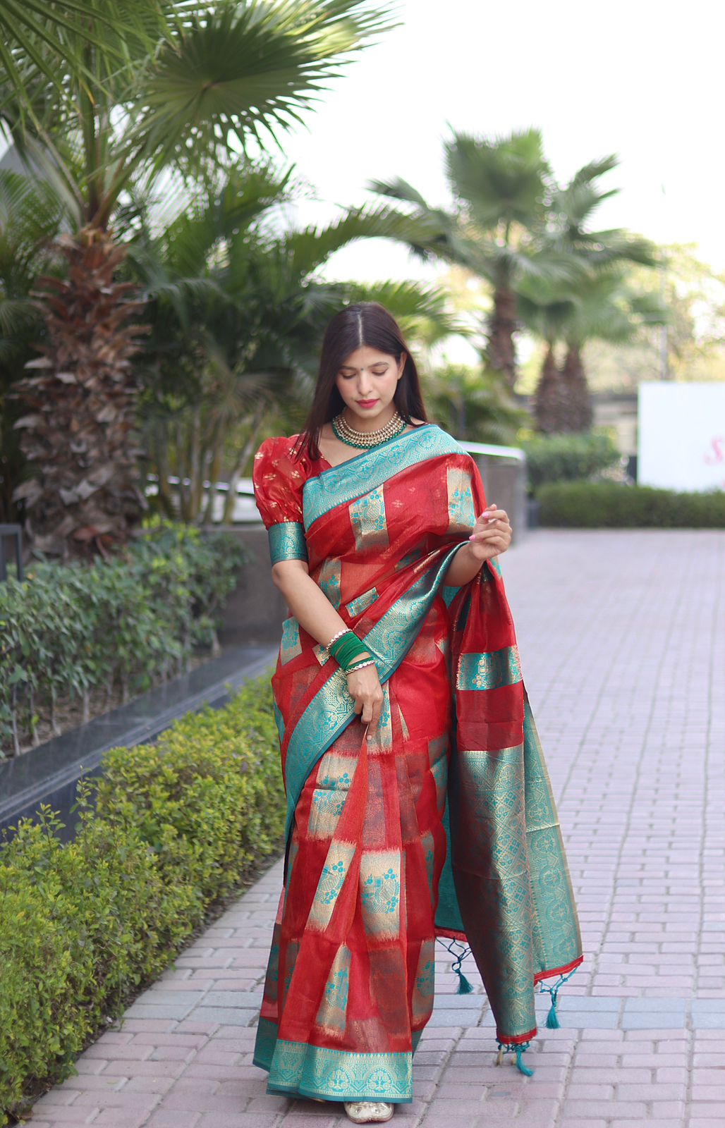 Adorning Red Orgenza Silk Saree with Classy Blouse Piece