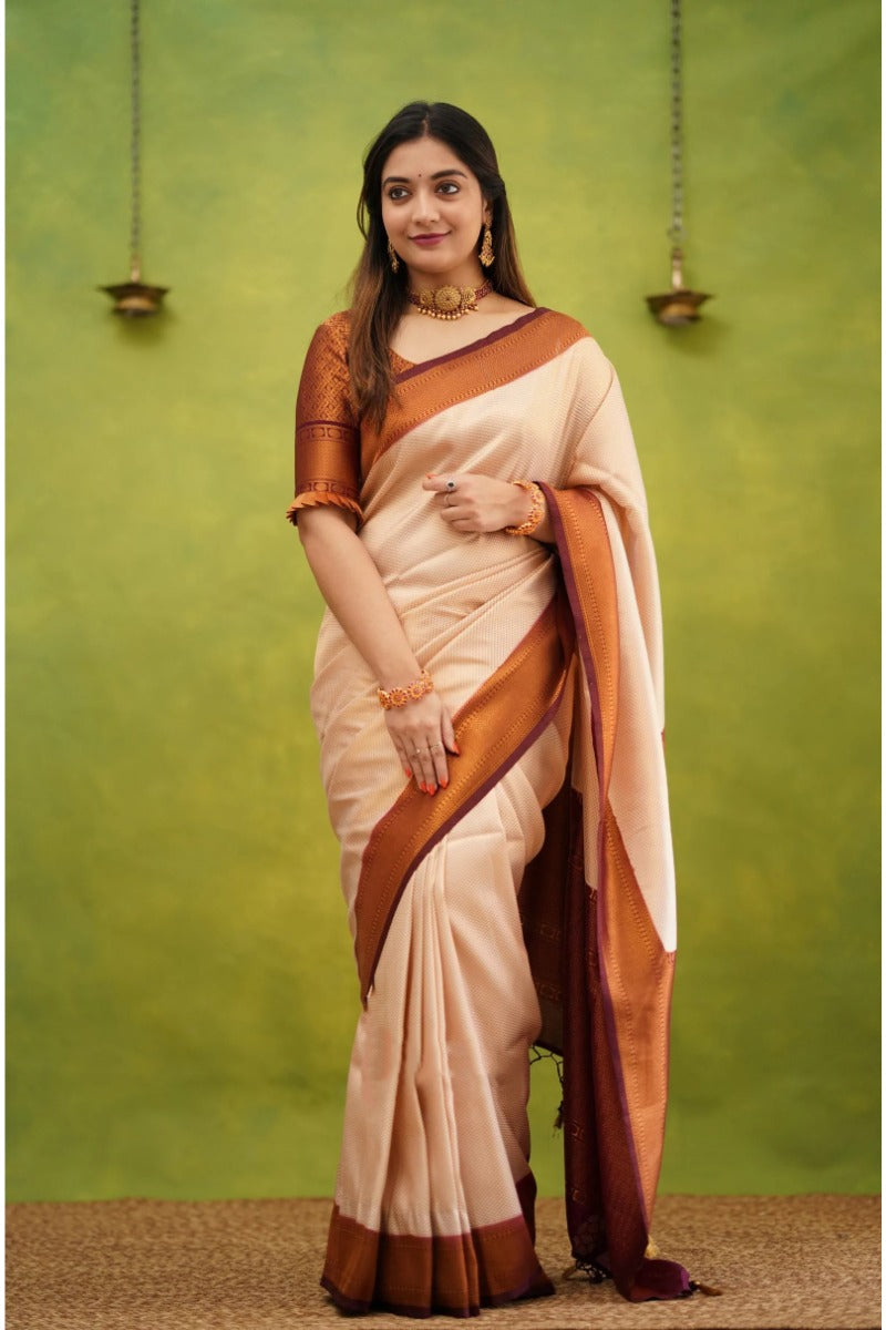 Imaginative Beige Soft Banarasi Silk Saree With Incomparable Blouse Piece