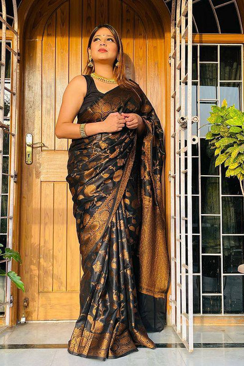 Load image into Gallery viewer, Palimpsest Black Soft Silk Saree With Magnetic Blouse Piece
