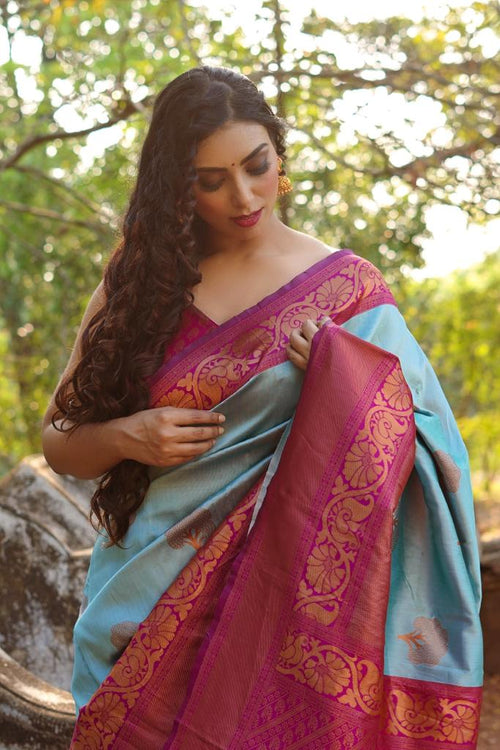Load image into Gallery viewer, Unique Sky Soft Banarasi Silk Saree With Impressive Blouse Piece
