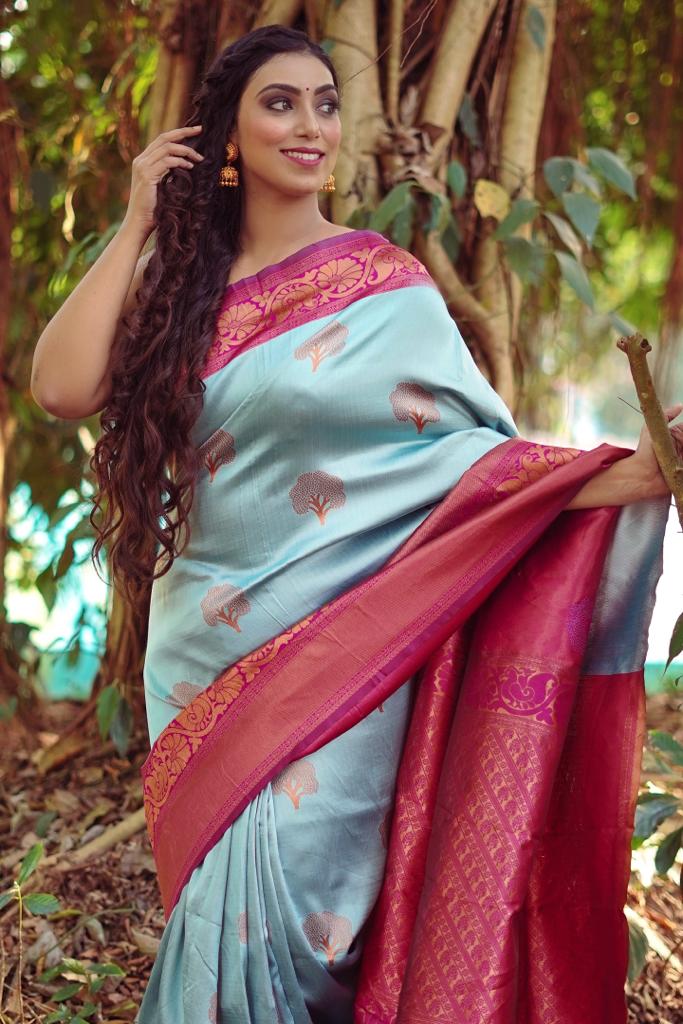 Unique Sky Soft Banarasi Silk Saree With Impressive Blouse Piece