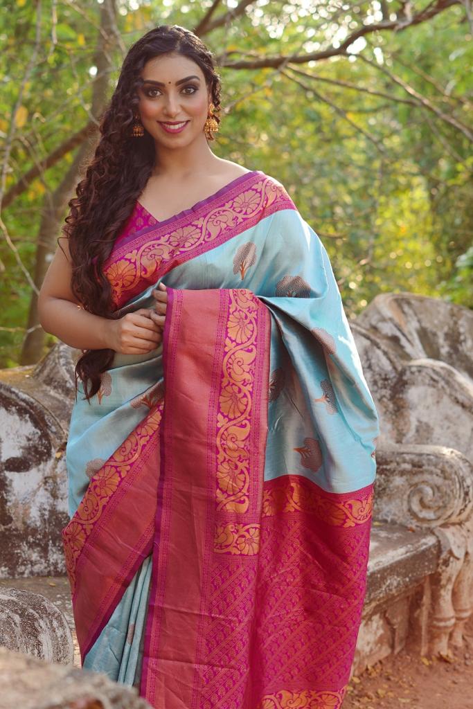 Unique Sky Soft Banarasi Silk Saree With Impressive Blouse Piece