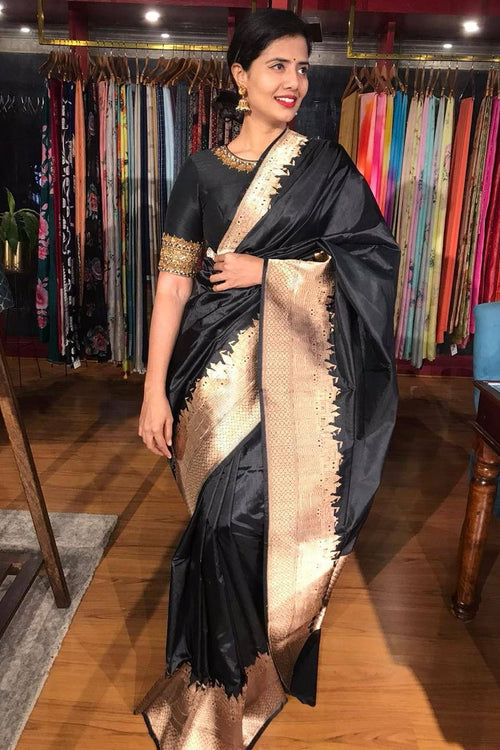 Black Soft Lichi Silk Saree with Jacquard Work - Monastoor- Indian ethnical  dress collections with more than 1500+ fashionable indian traditional  dresses and ethnical jewelleries.