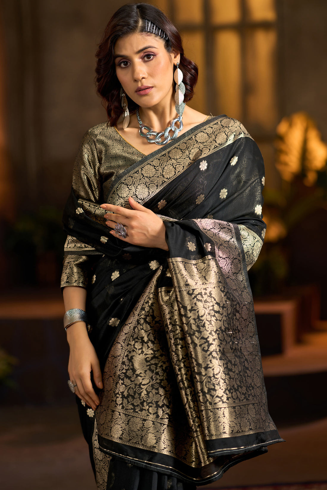 Imaginative Black Soft Banarasi Silk Saree With Appealing Blouse Piece