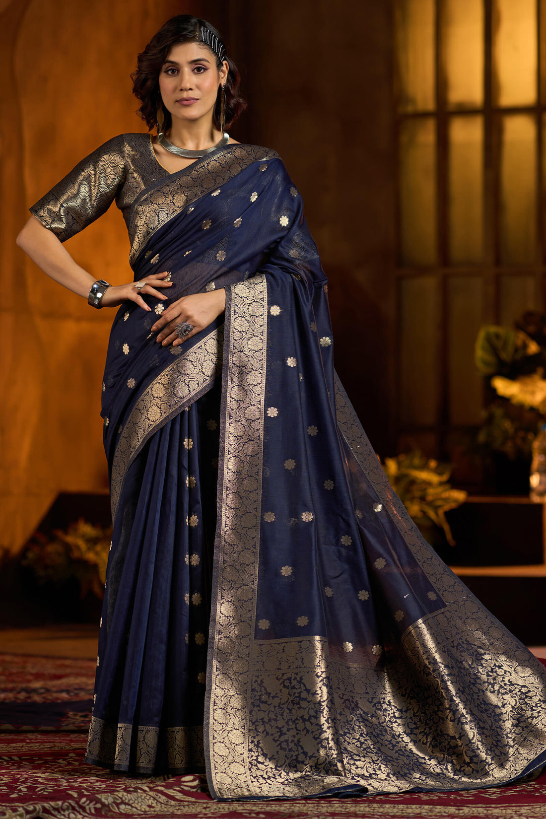Enthralling Navy Blue Soft Banarasi Silk Saree With Ratatouille Blouse Piece