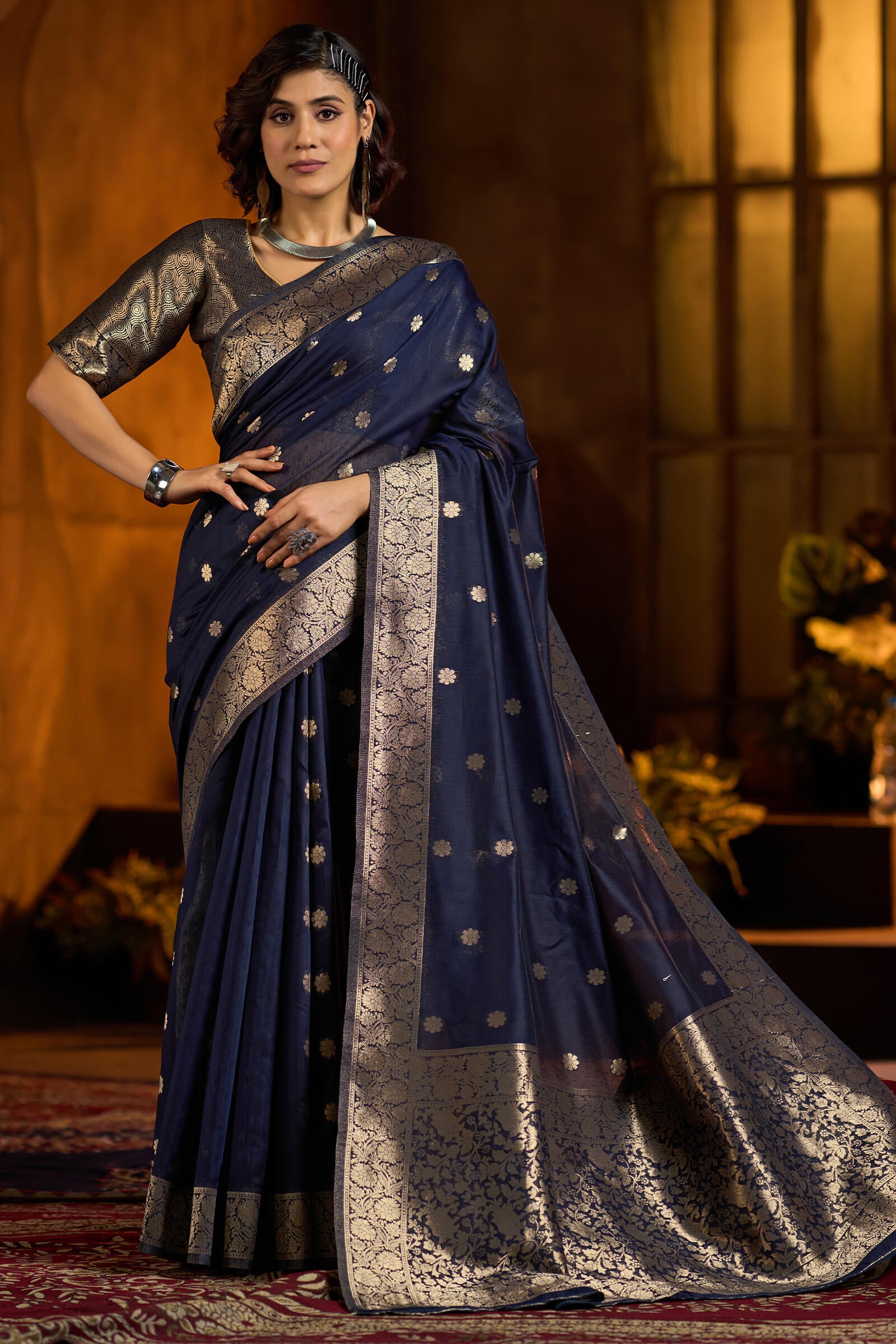 Enthralling Navy Blue Soft Banarasi Silk Saree With Ratatouille Blouse Piece