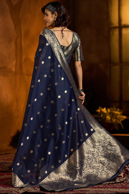Enthralling Navy Blue Soft Banarasi Silk Saree With Ratatouille Blouse Piece