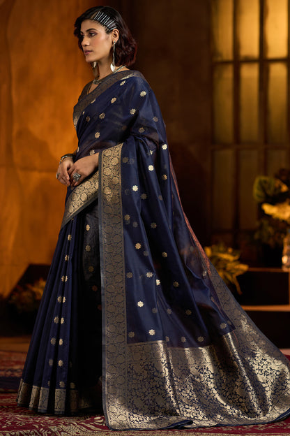 Enthralling Navy Blue Soft Banarasi Silk Saree With Ratatouille Blouse Piece