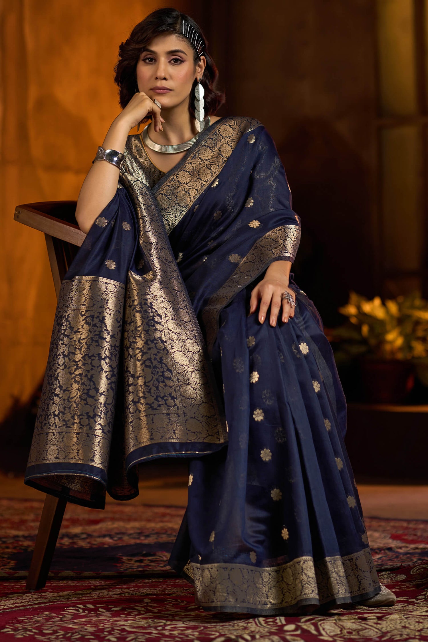 Enthralling Navy Blue Soft Banarasi Silk Saree With Ratatouille Blouse Piece