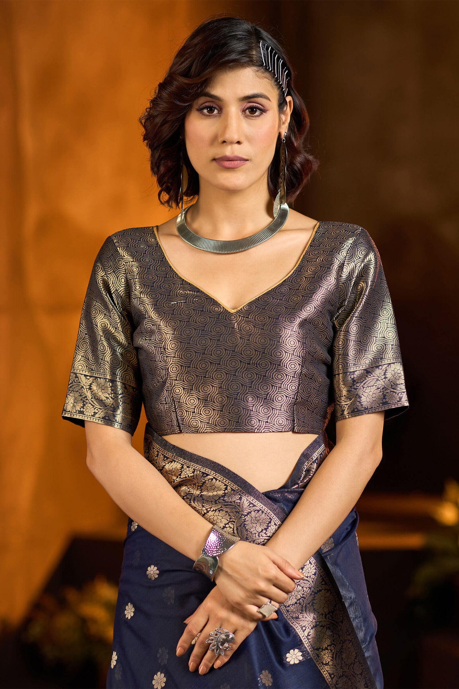 Enthralling Navy Blue Soft Banarasi Silk Saree With Ratatouille Blouse Piece