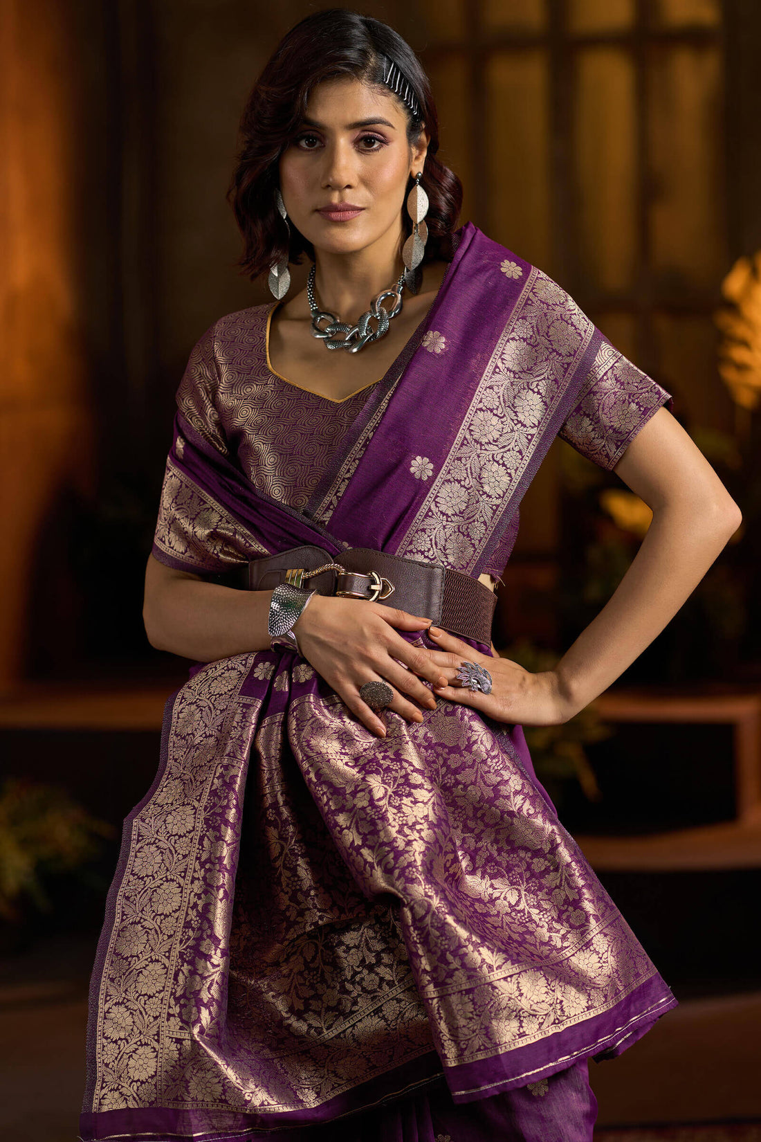 Skinny Wine Soft Banarasi Silk Saree With Staggering Blouse Piece