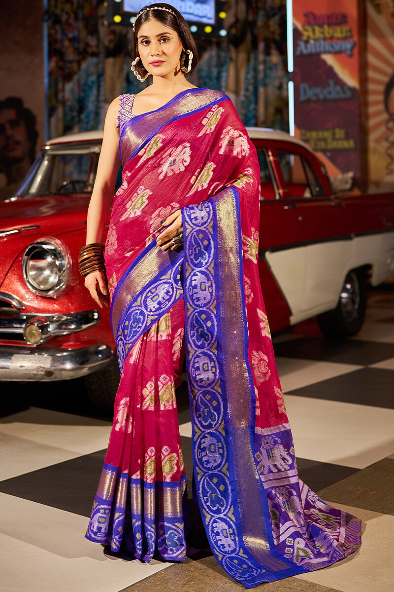 Classy Dark Pink Patola Silk Saree with Marvellous Blouse Piece