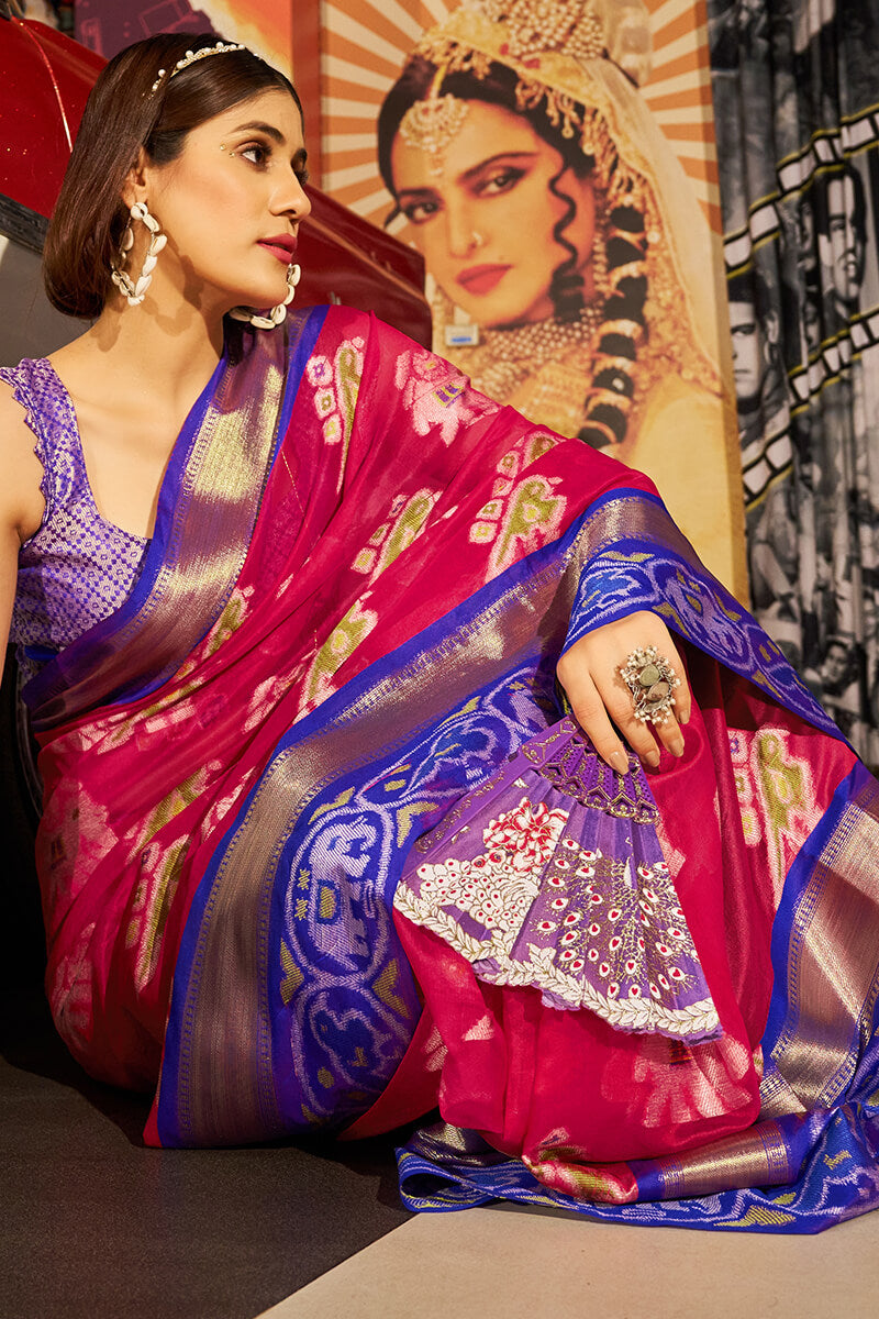 Classy Dark Pink Patola Silk Saree with Marvellous Blouse Piece