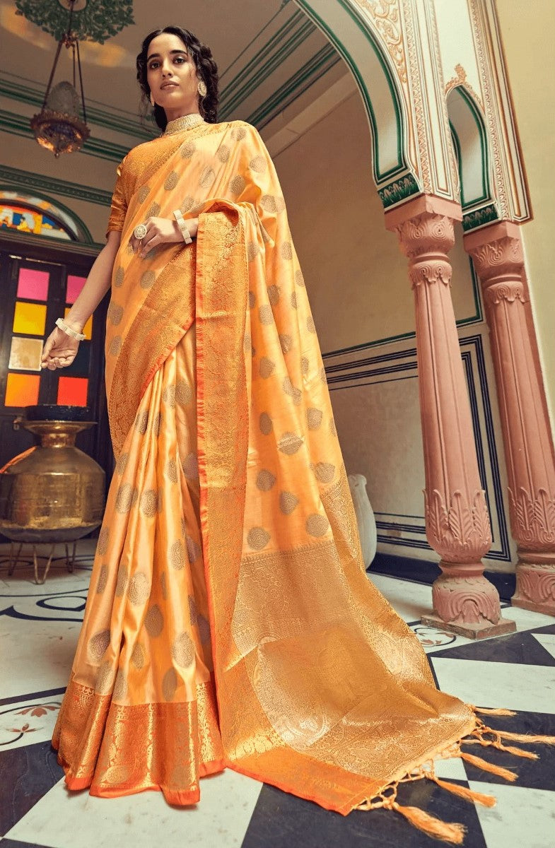 Sensational Orange Soft Banarasi Silk Saree With Phenomenal Blouse Piece