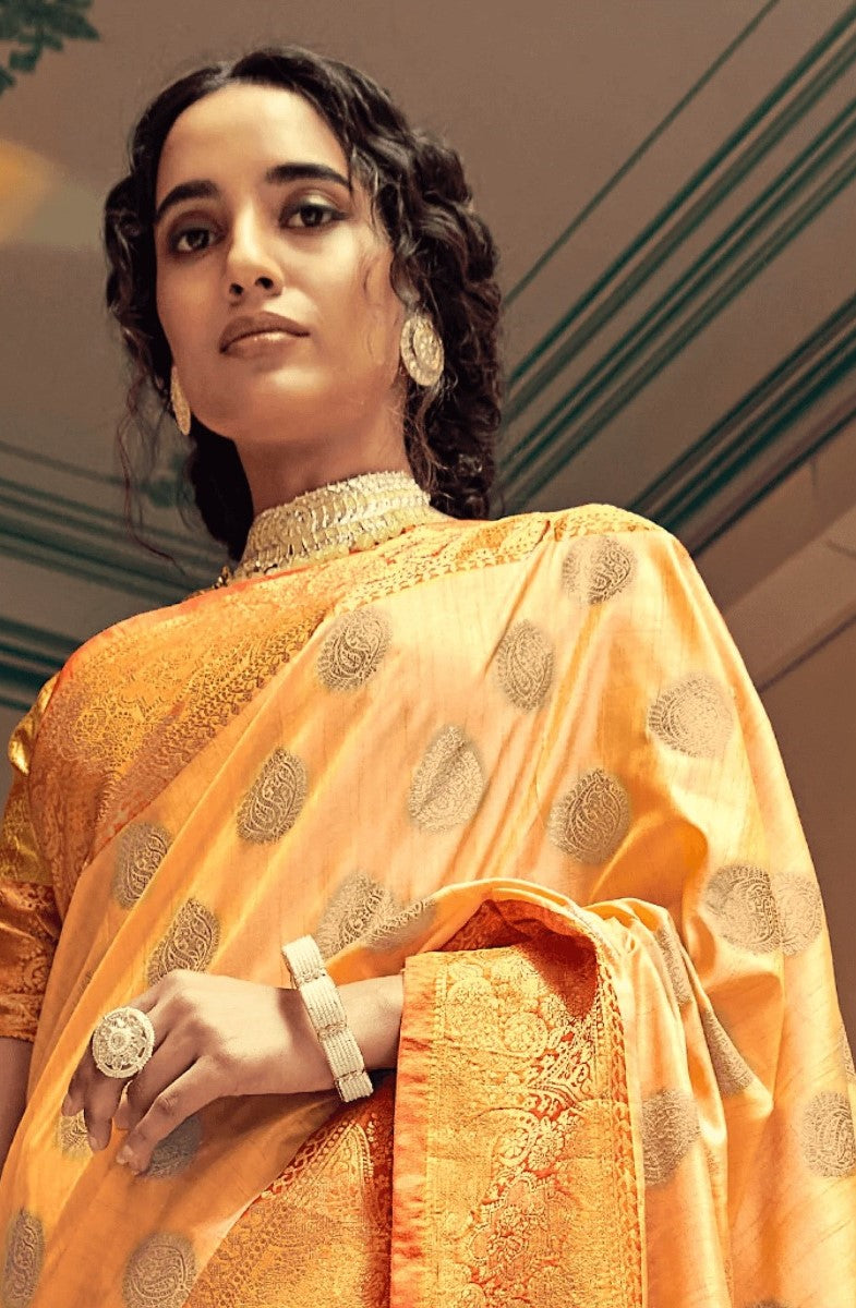 Sensational Orange Soft Banarasi Silk Saree With Phenomenal Blouse Piece