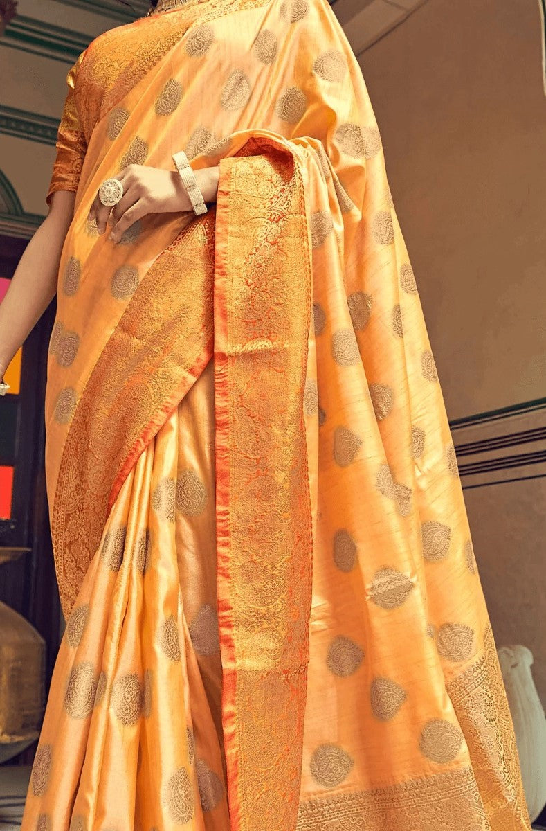 Sensational Orange Soft Banarasi Silk Saree With Phenomenal Blouse Piece