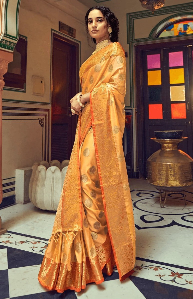 Sensational Orange Soft Banarasi Silk Saree With Phenomenal Blouse Piece