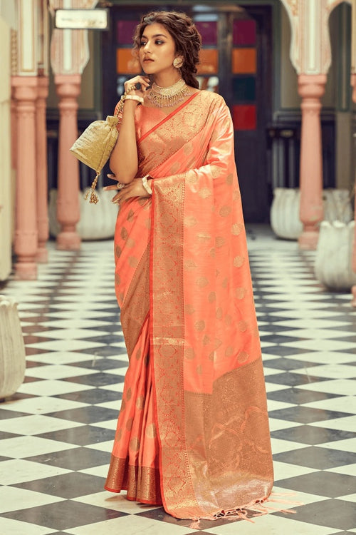 Load image into Gallery viewer, Girlish Peach Soft Banarasi Silk Saree With Adorable Blouse Piece
