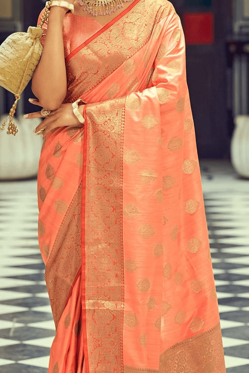 Load image into Gallery viewer, Girlish Peach Soft Banarasi Silk Saree With Adorable Blouse Piece
